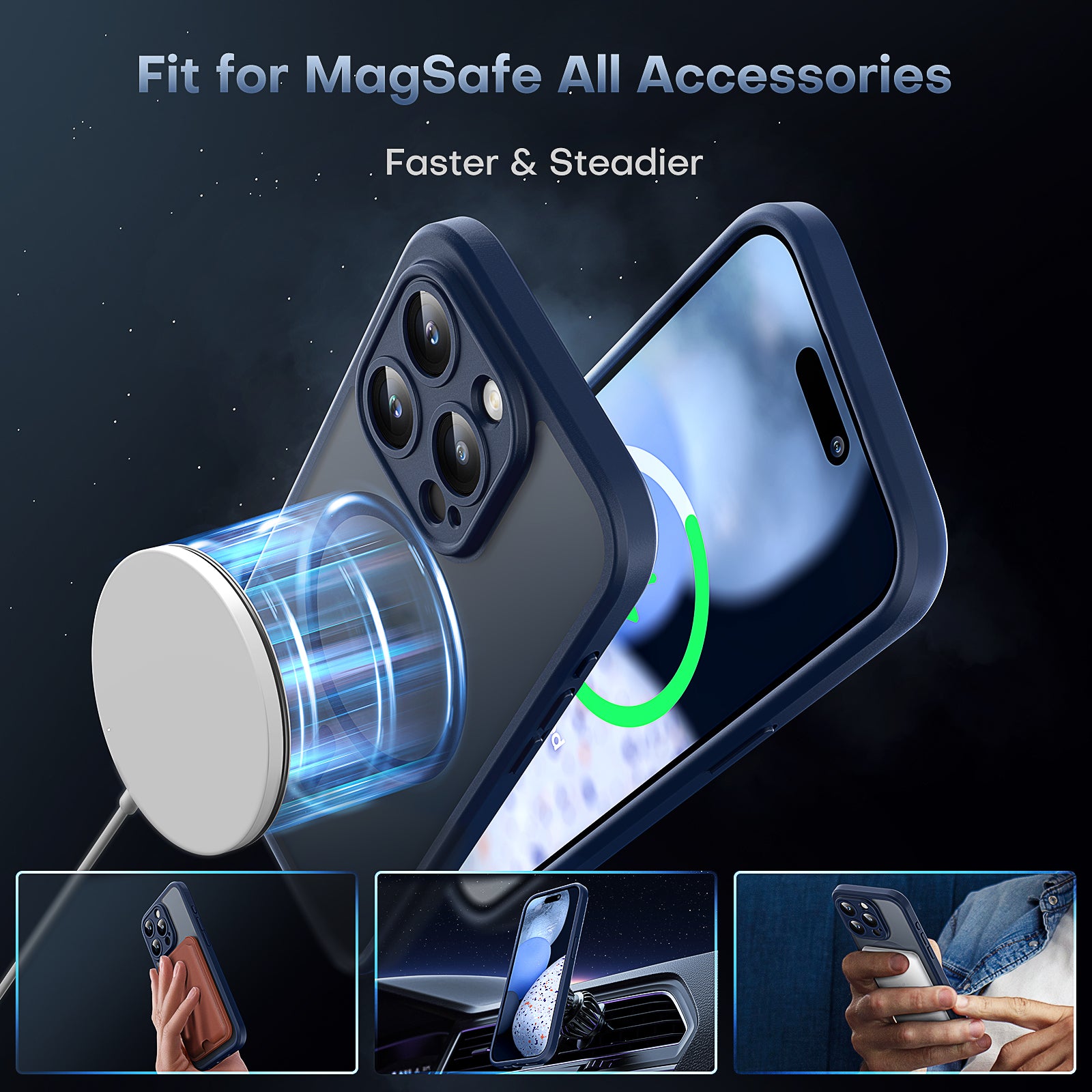 Magnetic for iPhone 15 Pro Max Case, Upgraded [Full Camera Protection], [Military Grade Drop Tested] Translucent Matte Back Phone Bumper 6.7", Blue