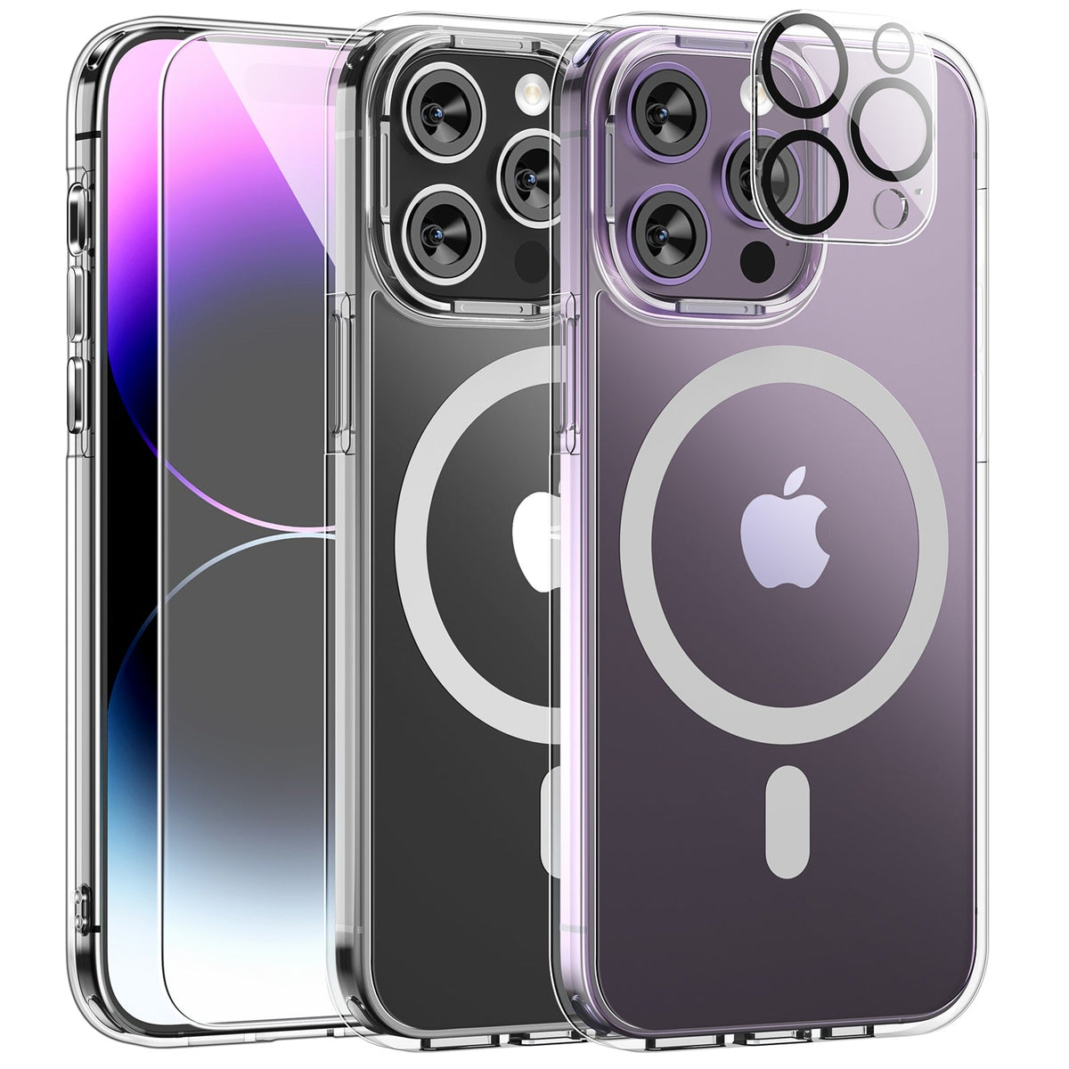 GOX  [5 in 1] Magnetic Case for iPhone 14 Pro Max [Military Grade Drop Protection] with 2X Screen Protector +2X Camera Lens Protector, Translucent Matte Slim Fit Compatible with Magsafe Case-Clear