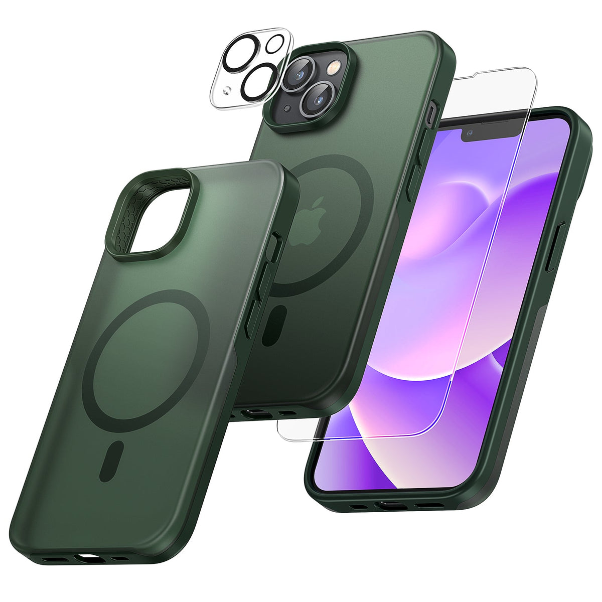 GOX  [5 in 1] Magnetic for iPhone 14 Case [Compatible with MagSafe] with 2 Screen Protector +2 Camera Lens Protector, [Military Grade Drop Protection] Translucent Matte Slim Case 6.1 Inch, Green