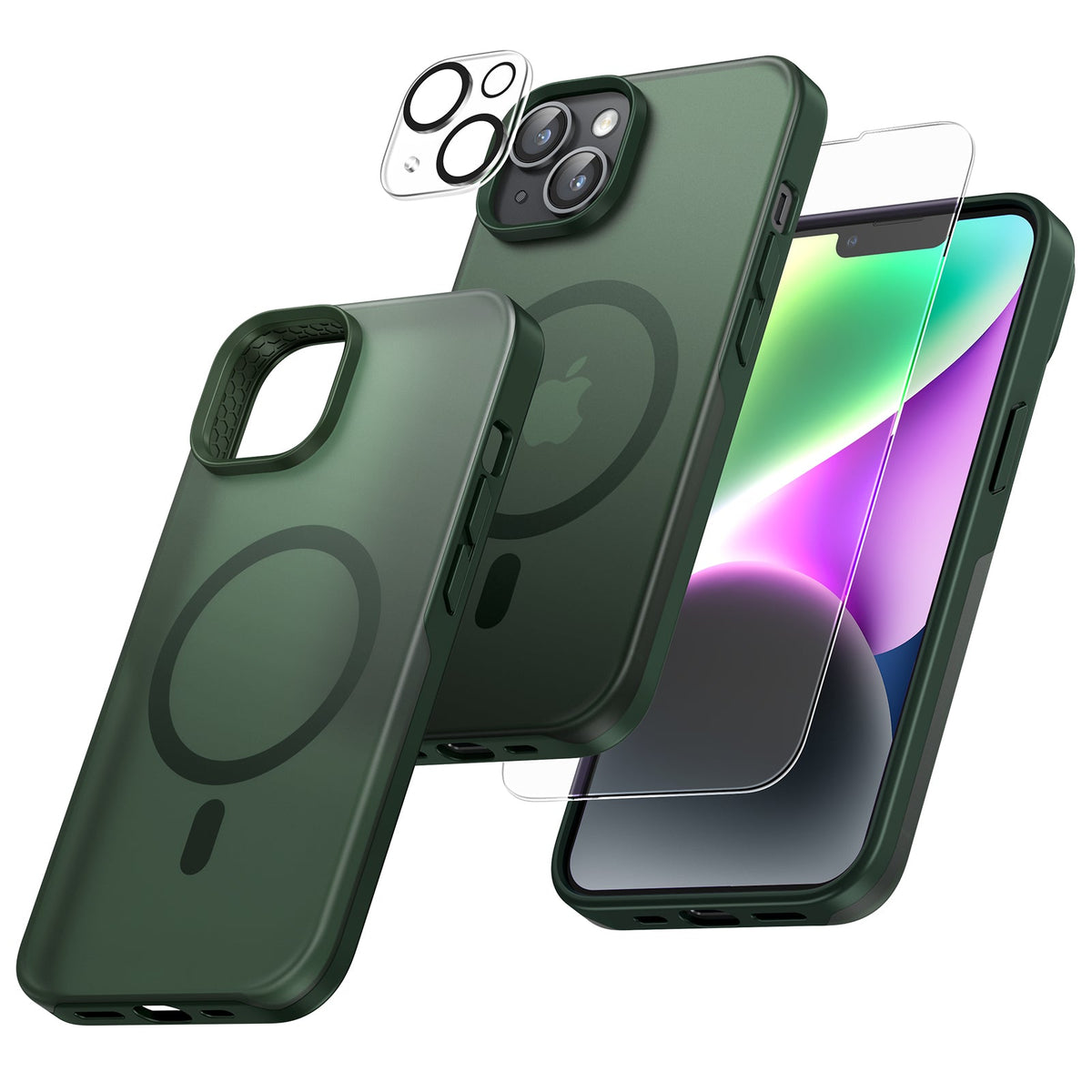 GOX [5 in 1] Magnetic Case for iPhone 14 Plus [Military Grade Drop Protection] with 2X Screen Protector +2X Camera Lens Protector, Translucent Matte Slim Fit Compatible with Magsafe Case-Green