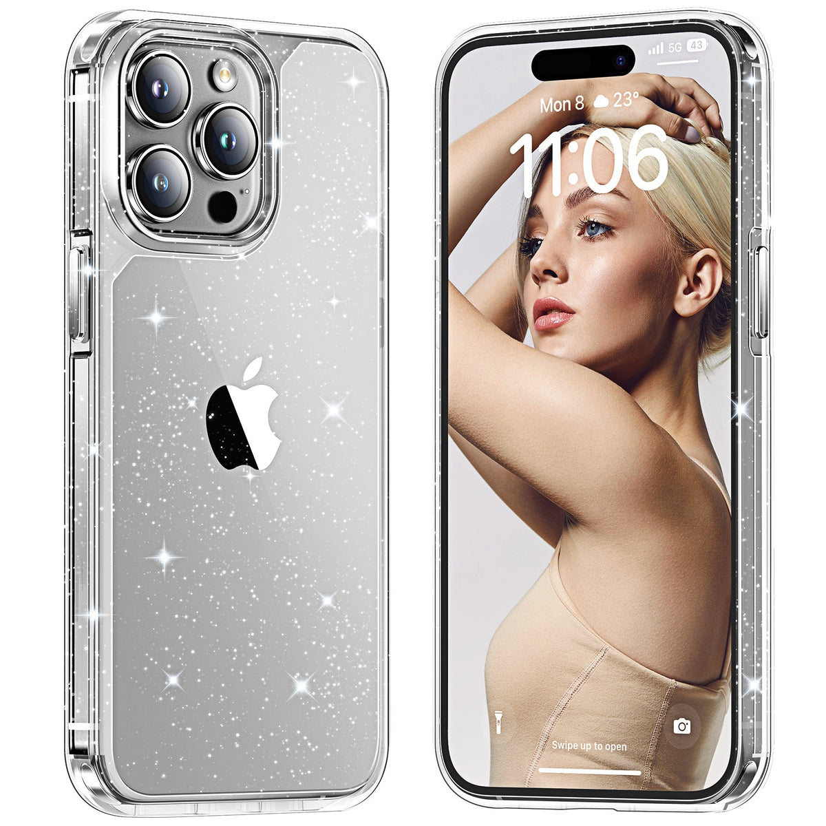 GOX Designed for iPhone 15 Pro Case Glitter, [Not Yellowing] [Military Grade Drop Protection] Bling Sparkle Shockproof Cute Sparkly Phone Case for iPhone 15 Pro, Glitter Clear, 6.1 inch