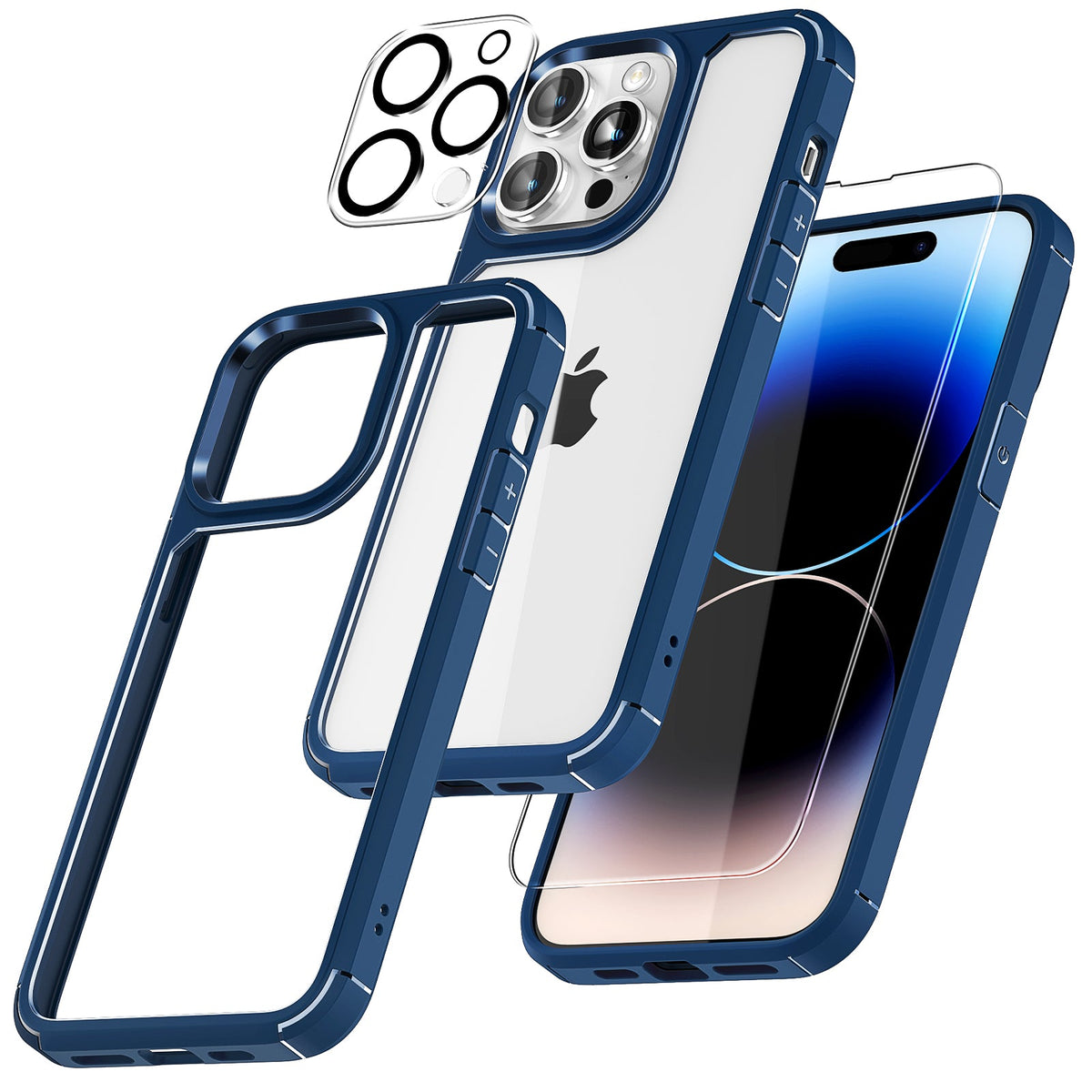 GOX [5 in 1] for iPhone 14 Pro Max Case [Not Yellowing], with 2 Tempered Glass Screen Protectors + 2 Camera Lens Protectors [Military Grade Protection] Shockproof Slim 14 Pro Max 6.7 Inch, Blue