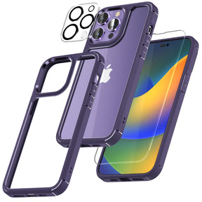 GOX [5 in 1] for iPhone 14 Pro Case, [Not Yellowing] with 2X Tempered Glass Screen Protector + 2X Camera Lens Protector, [Military Grade Drop Protection] Shockproof Slim Phone Case 6.1 Inch, Purple