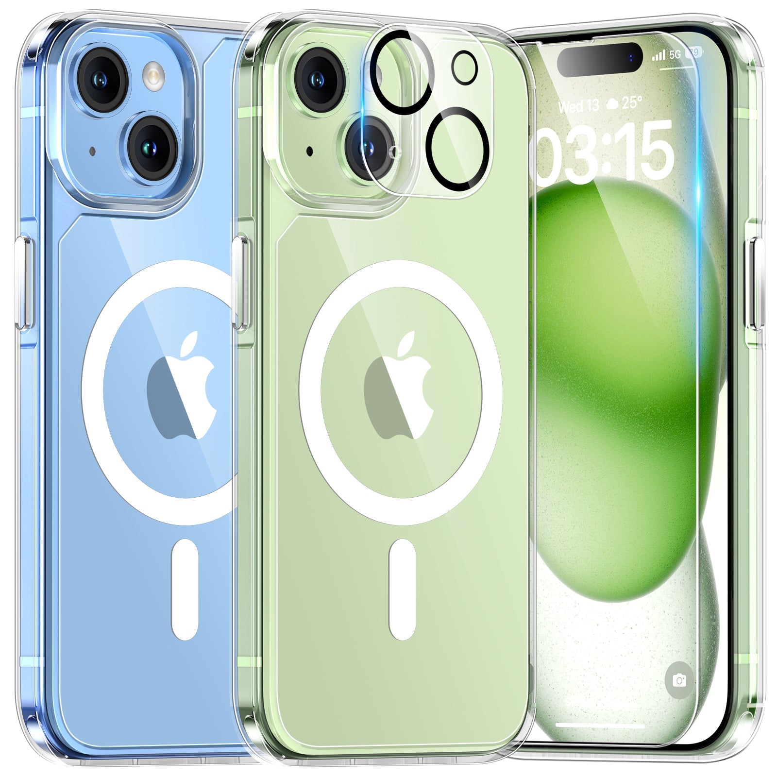 GOX 5 in 1 Magnetic for iPhone 15 Case Clear, [Designed for Magsafe] with 2X Screen Protectors +2X Camera Lens Protectors, [Not-Yellowing] Shockproof Slim Case for iPhone 15