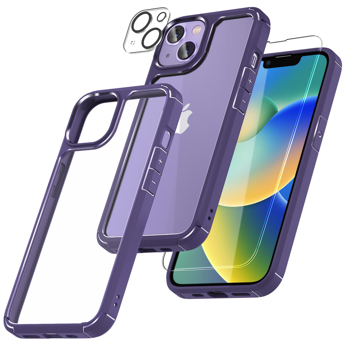 GOX [5 in 1] for iPhone 14 Plus Case [Not Yellowing], with 2 Tempered Glass Screen Protectors+2 Camera Lens Protectors [Military Grade Protection] Shockproof Slim iPhone 14 Plus Case 6.7 Inch-Purple