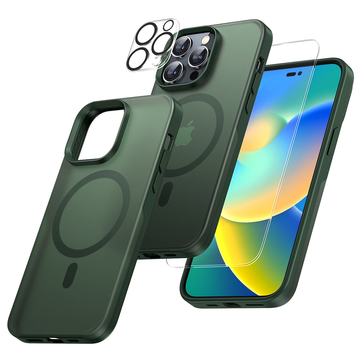 GOX [5 in 1] Magnetic Case for iPhone 14 Pro Max [Military Grade Drop Protection] with 2X Screen Protector +2X Camera Lens Protector, Translucent Matte Slim Fit Compatible with Magsafe Case-Green