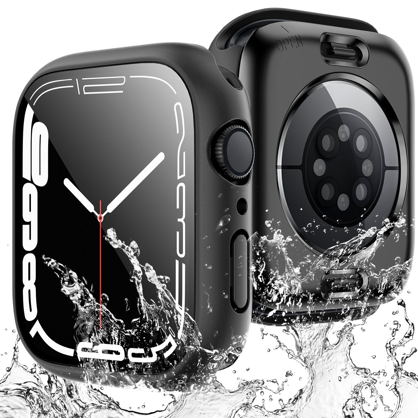 GOX 2 Pack Waterproof Case Designed for Apple Watch Series 9 (2023) Series 8/7 45mm, [IPX8 Waterproof Certified] with 9H Tempered Glass Screen Protector, [Full Protection] Slim Cover 45mm - Black