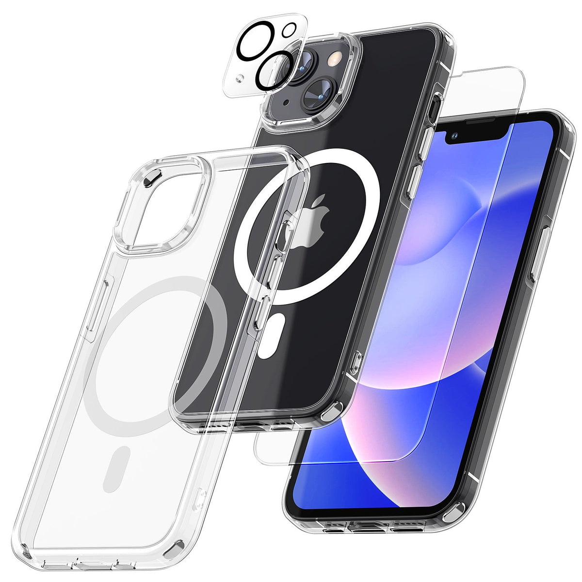 GOX [5 in 1] Magnetic Case for iPhone 14 Plus [Military Grade Drop Protection] with 2X Screen Protector +2X Camera Lens Protector, Translucent Matte Slim Fit Compatible with Magsafe Case-Clear