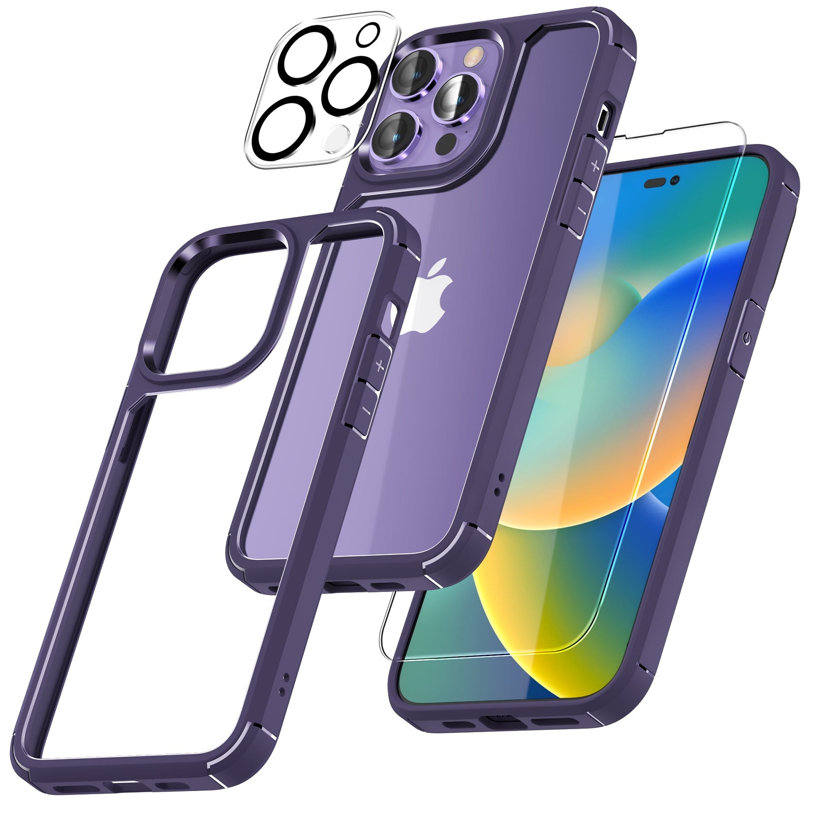 GOX  [5 in 1] for iPhone 14 Pro Max Case [Not Yellowing], with 2 Tempered Glass Screen Protectors + 2 Camera Lens Protectors [Military Grade Protection] Shockproof Slim 14 Pro Max 6.7 Inch, Purple