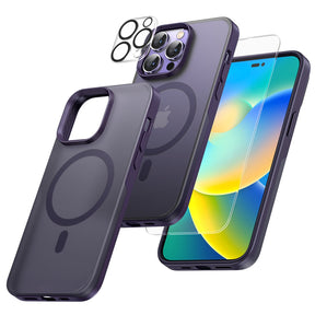 GOX [5 in 1] Magnetic Case for iPhone 14 Pro Max [Military Grade Drop Protection] with 2X Screen Protector +2X Camera Lens Protector, Translucent Matte Slim Fit Compatible with Magsafe Case-Purple