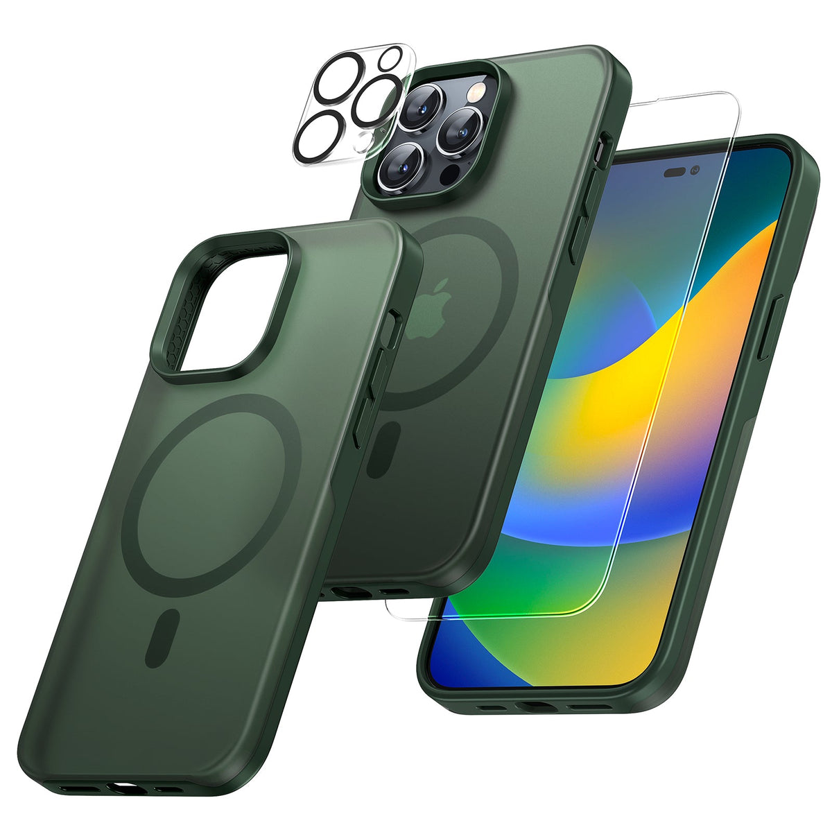 GOX  [5 in 1] Magnetic Case for iPhone 14 Pro [Military Grade Drop Protection] with 2X Screen Protector +2X Camera Lens Protector, Translucent Matte Slim Fit Compatible with Magsafe Case-Green