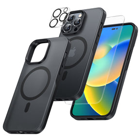 GOX [5 in 1] Magnetic Case for iPhone 14 Pro Max [Military Grade Drop Protection] with 2X Screen Protector +2X Camera Lens Protector, Translucent Matte Slim Fit Compatible with Magsafe Case-Black