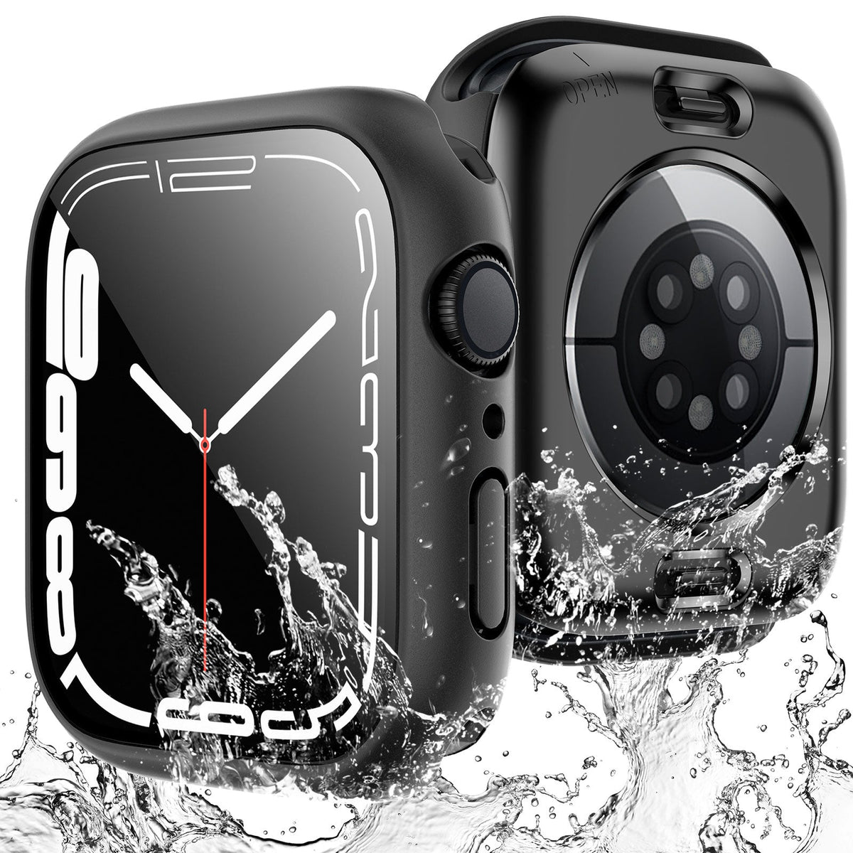 GOX 2 Pack Waterproof Case Designed for Apple Watch Series 9 (2023) Series 8/7 41mm, [IP67 Waterproof Certified] with 9H Tempered Glass Screen Protector, [Full Protection] Slim Cover 41mm - Black