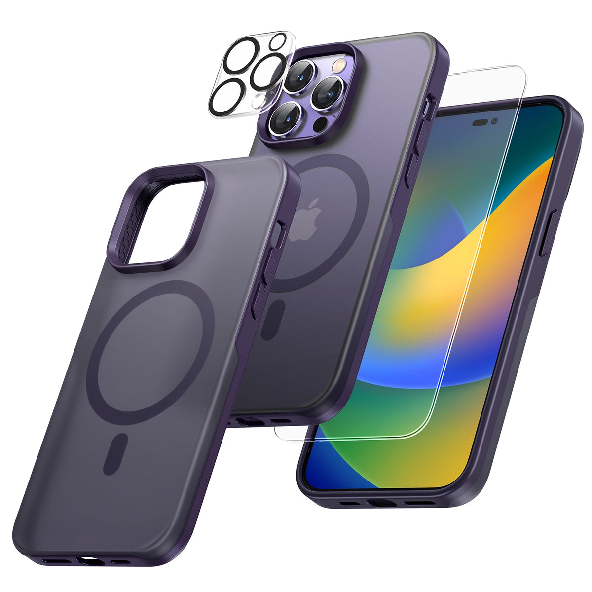 GOX [5 in 1] Magnetic Case for iPhone 14 Pro [Military Grade Drop Protection] with 2X Screen Protector +2X Camera Lens Protector, Translucent Matte Slim Fit Compatible with Magsafe Case-Purple