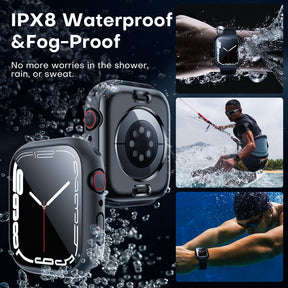 GOX 2 Pack Waterproof Case Designed for Apple Watch Series 9 (2023) Series 8/7 45mm, [IPX8 Waterproof Certified] with 9H Tempered Glass Screen Protector, [Full Protection] Slim Cover 45mm - Black