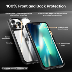 GOX [3 in 1] Defender Designed for iPhone 13 Pro Case 6.1 Inch, with 2 Pack Tempered Glass Screen Protector + 2 Pack Camera Lens Protector [Military Grade Protection] Shockproof Slim Thin