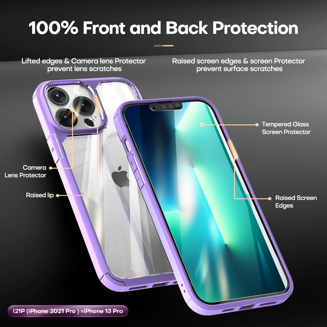 GOX [3 in 1] Defender Designed for iPhone 13 Pro Case 6.1 Inch, with 2 Pack Tempered Glass Screen Protector + 2 Pack Camera Lens Protector [Military Grade Protection] Shockproof Slim Thin