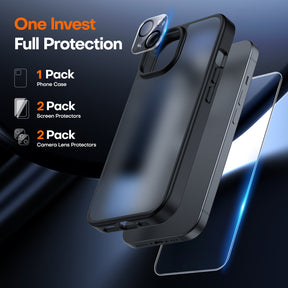 GOX 5-in-1 for iPhone 15 Case MatteBlack, Translucent Matte Phone Case with 2X Screen Protector +2X Camera Lens Protector, [Military Grade Protection] Shockproof Slim Case for iPhone 15, 6.1"