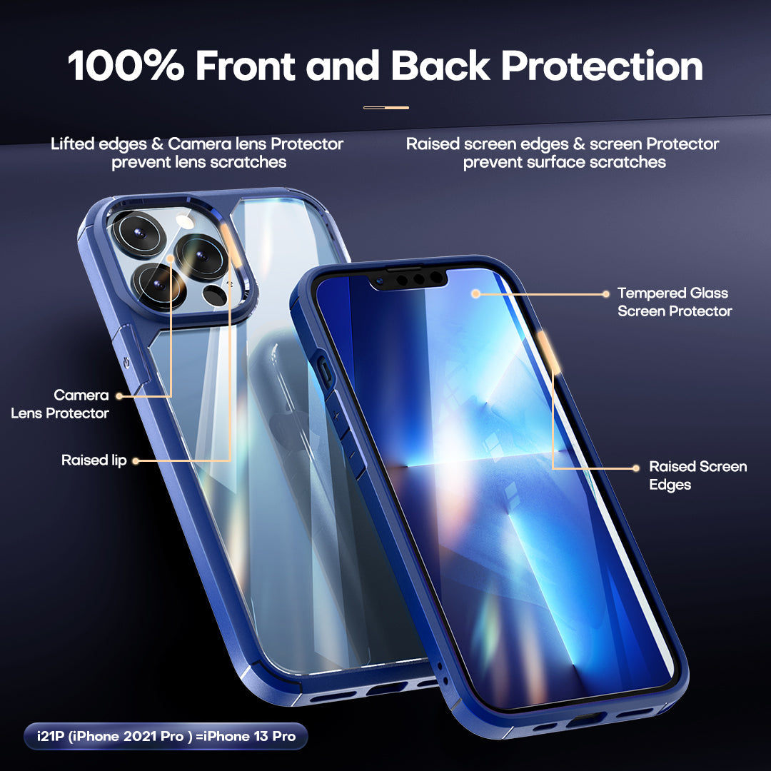 GOX  [3 in 1] Defender Designed for iPhone 13 Pro Case 6.1 Inch, with 2 Pack Tempered Glass Screen Protector + 2 Pack Camera Lens Protector [Military Grade Protection] Shockproof Slim Thin