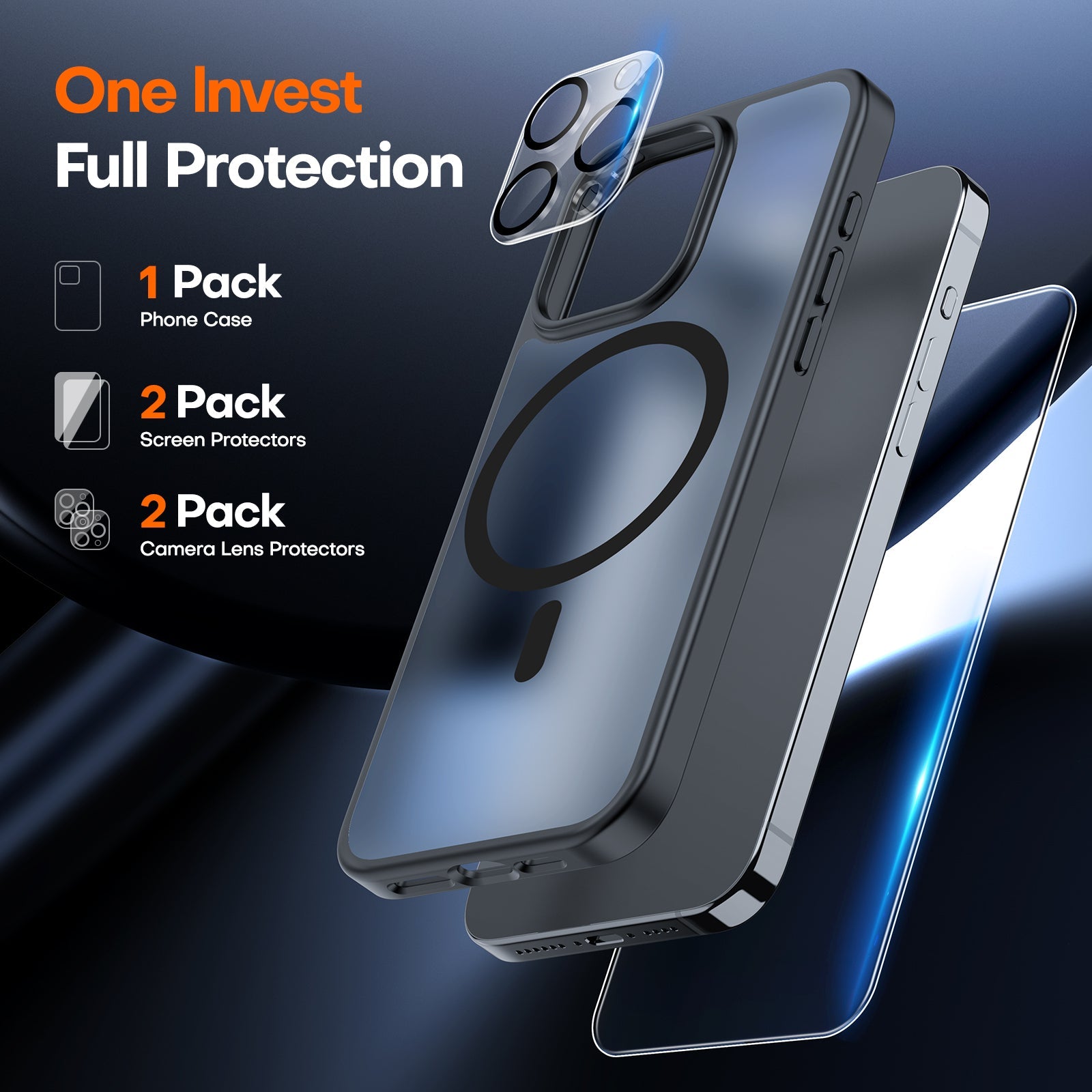 GOX 5 in 1 Magnetic Case for iPhone 15 Pro Max [Mil-Grade Drop Protection] with 2X Tempered Screen Protector +2X Camera Lens Protector, Translucent Matte Slim Mag-Safe Case 6.7" - Black