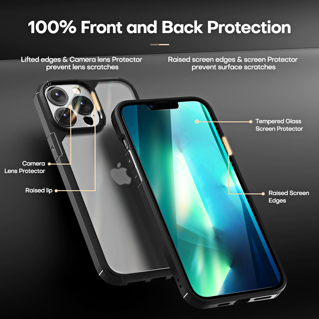 GOX [3 in 1] Defender Designed for iPhone 13 Pro Case 6.1 Inch, with 2 Pack Tempered Glass Screen Protector + 2 Pack Camera Lens Protector [Military Grade Protection] Shockproof Slim Thin