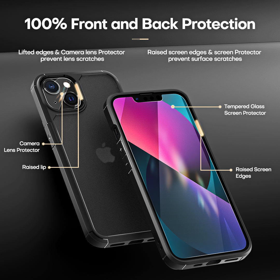 GOX [3 in 1] Defender Designed for iPhone 13 Case 6.1 Inch, with 2 Pack Tempered Glass Screen Protector + 2 Pack Camera Lens Protector [Military Grade Protection] Shockproof Slim Thin