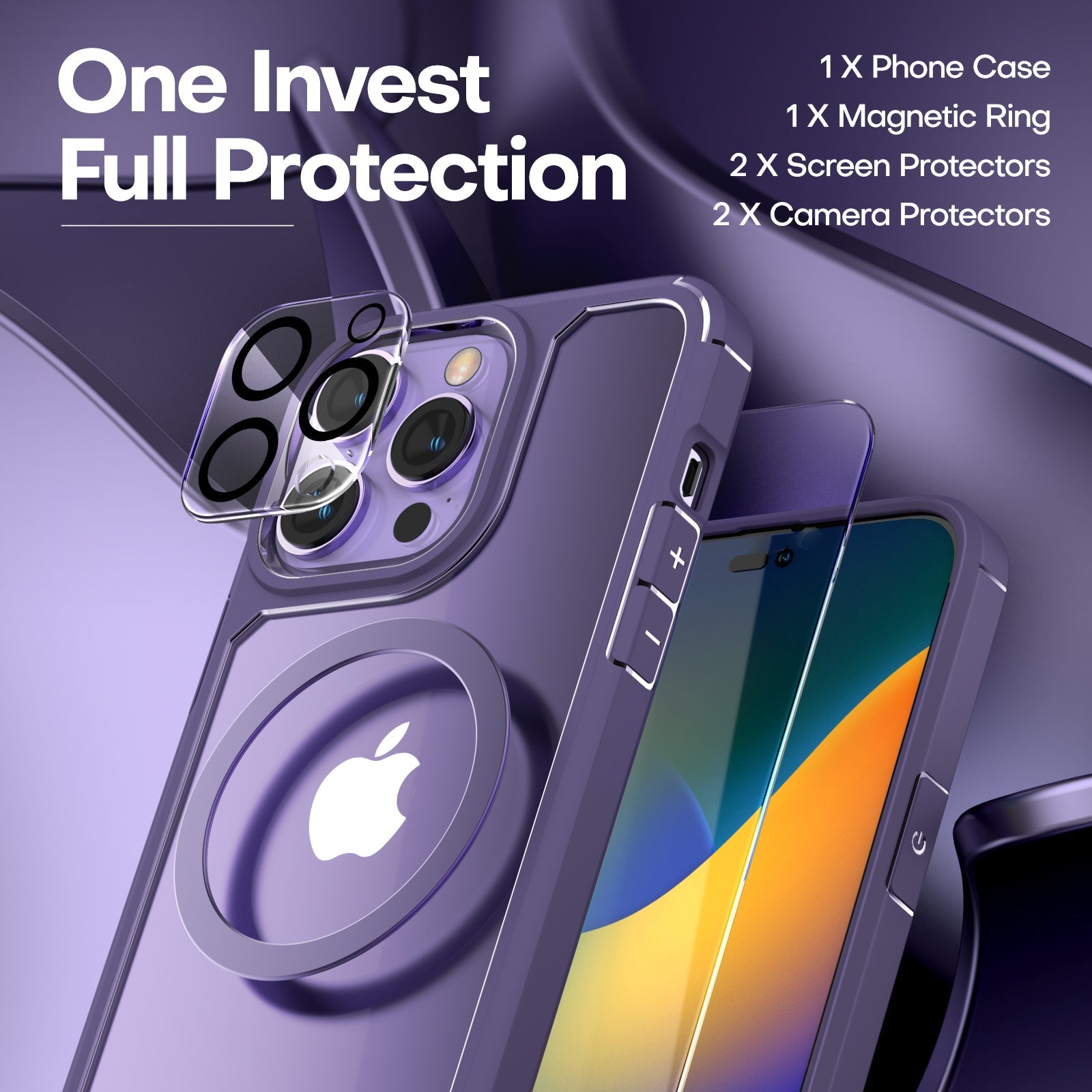 GOX [5 in 1] for iPhone 14 Pro Case, [Not Yellowing] with 2X Tempered Glass Screen Protector + 2X Camera Lens Protector, [Military Grade Drop Protection] Shockproof Slim Phone Case 6.1 Inch, Purple