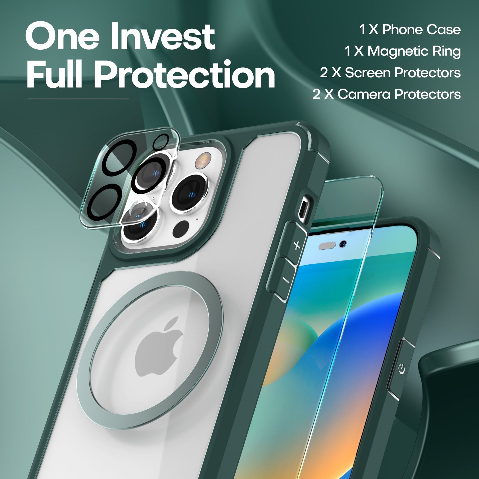 GOX  [5 in 1] for iPhone 14 Pro Max Case [Not Yellowing], with 2 Tempered Glass Screen Protectors + 2 Camera Lens Protectors [Military Grade Protection] Shockproof Slim 14 Pro Max 6.7 Inch, Green