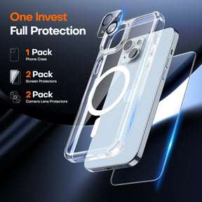 GOX 5 in 1 Magnetic for iPhone 15 Case Clear, [Designed for Magsafe] with 2X Screen Protectors +2X Camera Lens Protectors, [Not-Yellowing] Shockproof Slim Case for iPhone 15