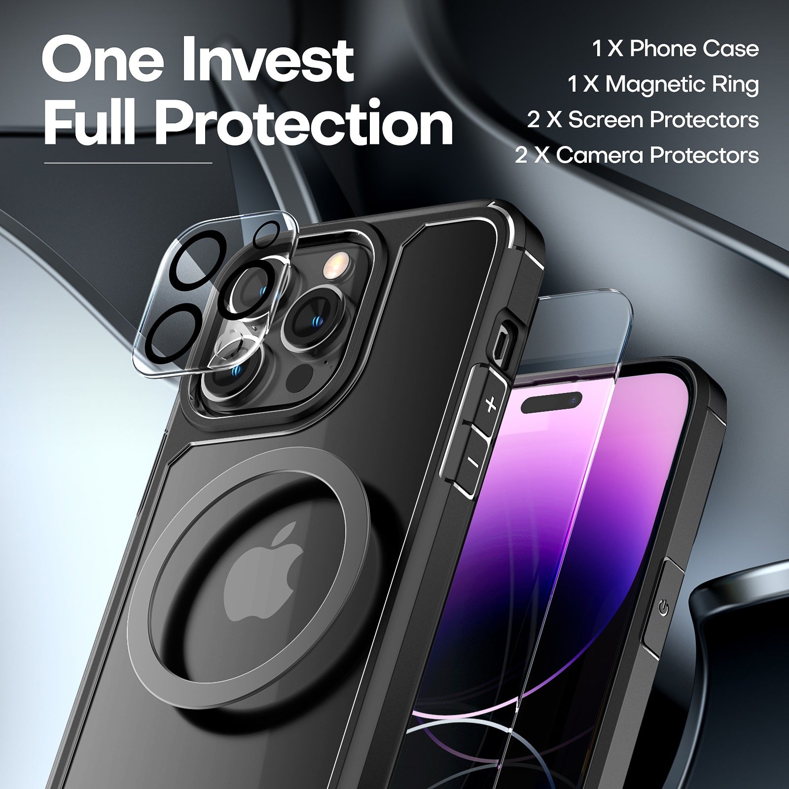 GOX [5 in 1] for iPhone 14 Pro Max Case [Not Yellowing], with 2 Tempered Glass Screen Protectors + 2 Camera Lens Protectors [Military Grade Protection] Shockproof Slim 14 Pro Max 6.7 Inch, Black