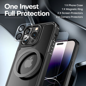 GOX [5 in 1] for iPhone 14 Plus Case [Not Yellowing], with 2 Tempered Glass Screen Protectors+2 Camera Lens Protectors [Military Grade Protection] Shockproof Slim iPhone 14 Plus Case 6.7 Inch-Black