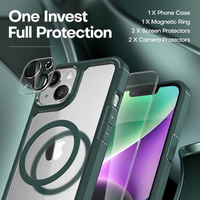 GOX [5 in 1] for iPhone 14 Plus Case [Not Yellowing], with 2 Tempered Glass Screen Protectors+2 Camera Lens Protectors [Military Grade Protection] Shockproof Slim iPhone 14 Plus Case 6.7 Inch-Green