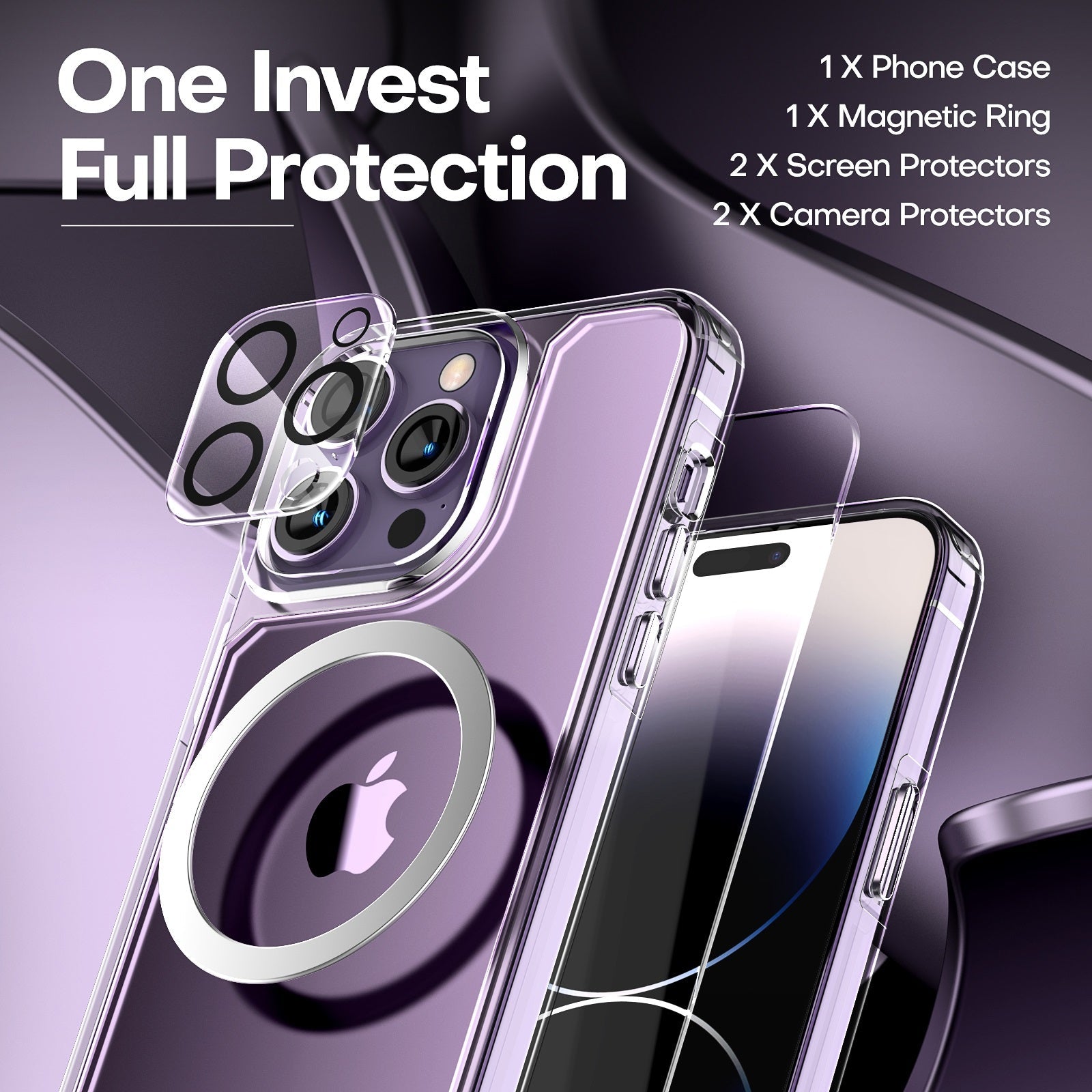 GOX  [5 in 1] for iPhone 14 Pro Case Clear, [Not Yellowing] with 2X Tempered Glass Screen Protector + 2X Camera Lens Protector, [Military Grade Drop Protection] Shockproof Slim Phone Case 6.1 Inch