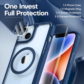 GOX [5 in 1] for iPhone 14 Plus Case [Not Yellowing], with 2 Tempered Glass Screen Protectors+2 Camera Lens Protectors [Military Grade Protection] Shockproof Slim iPhone 14 Plus Case 6.7 Inch-Blue