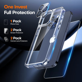 GOX 5 in 1 for iPhone 15 Pro Case Clear, [Not-Yellowing] with 2X Screen Protector + 2X Camera Lens Protector, [15 FT Military Grade Protection] Slim Shockproof Case for iPhone 15 Pro 6.1 Inch