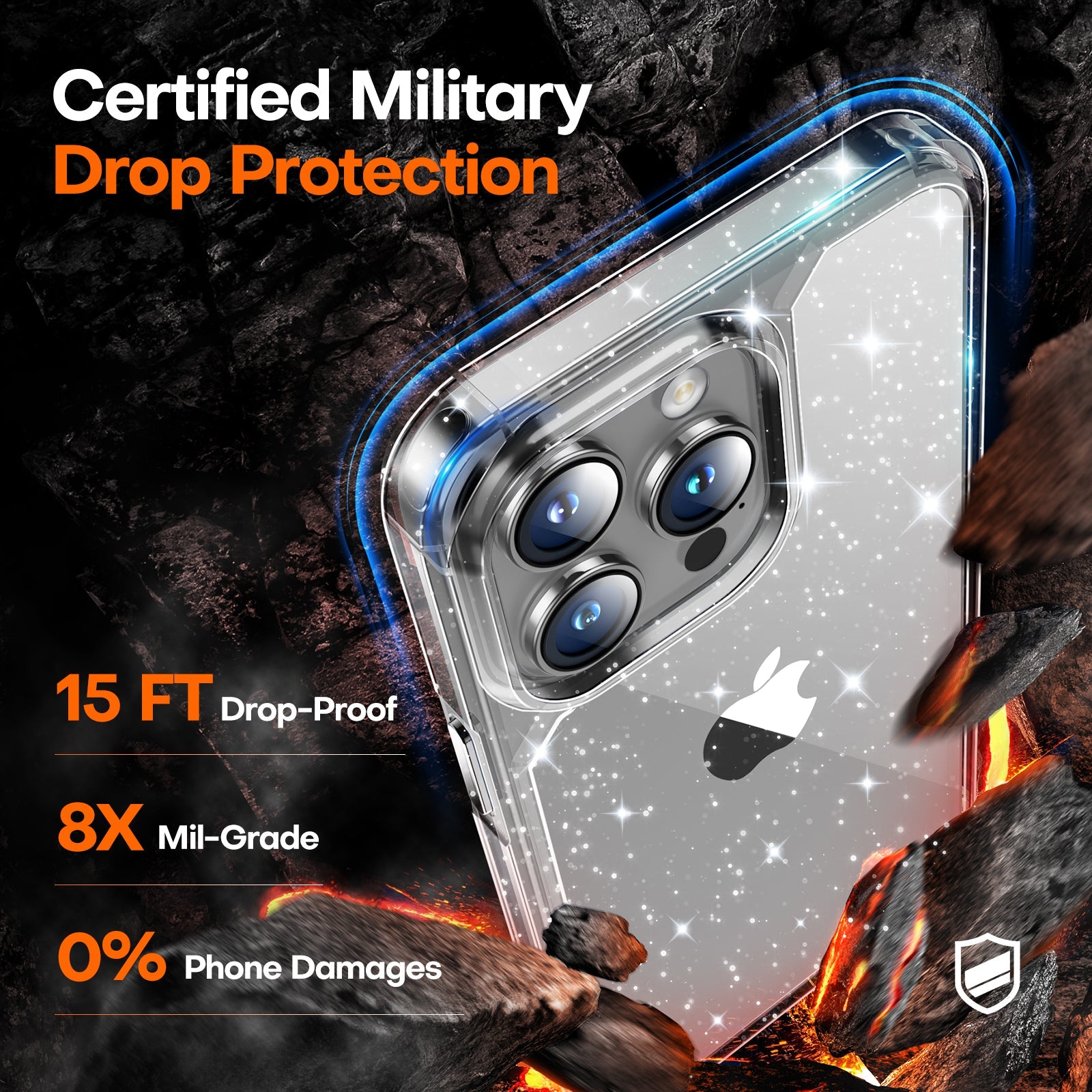 GOX Designed for iPhone 15 Pro Case Glitter, [Not Yellowing] [Military Grade Drop Protection] Bling Sparkle Shockproof Cute Sparkly Phone Case for iPhone 15 Pro, Glitter Clear, 6.1 inch