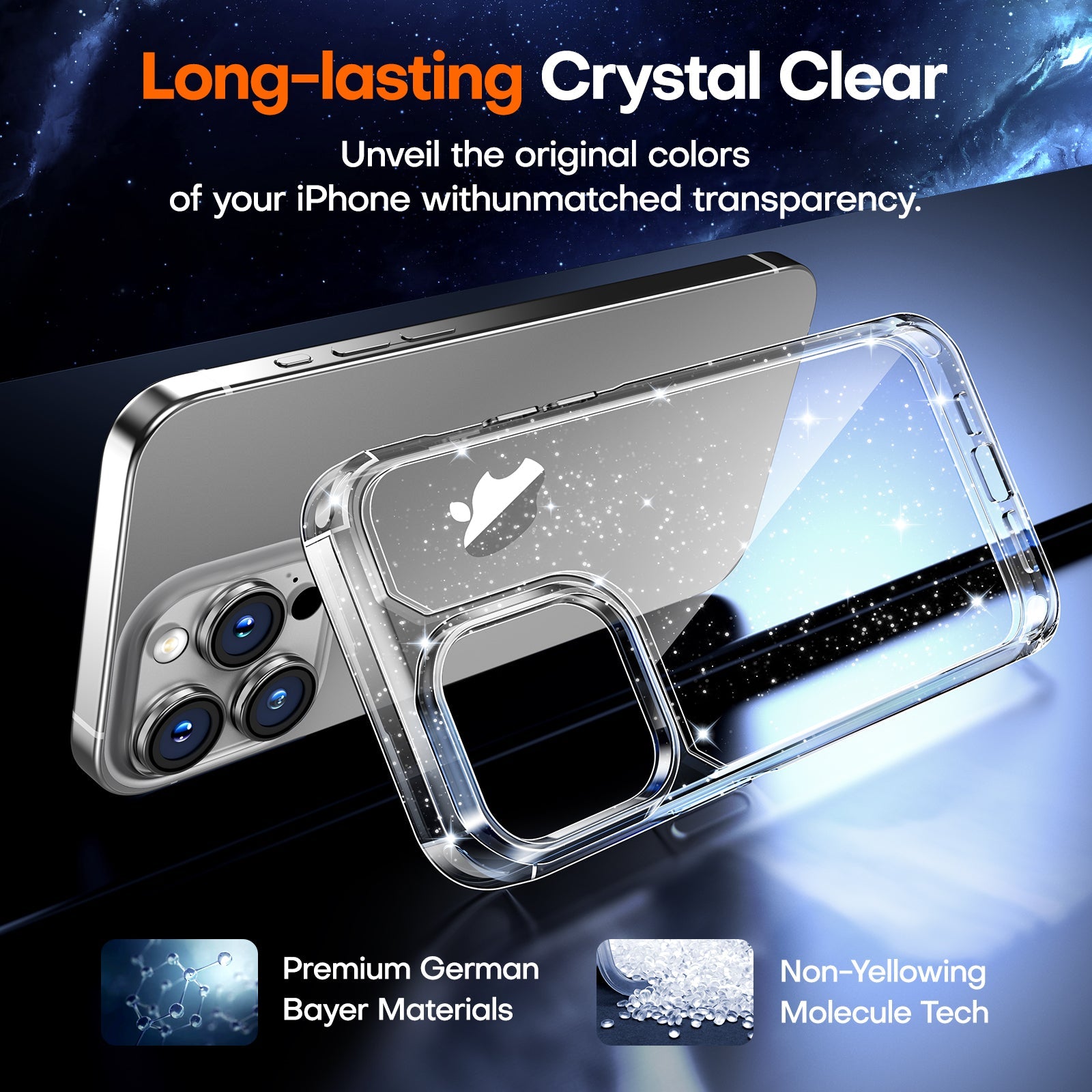 GOX Designed for iPhone 15 Pro Case Glitter, [Not Yellowing] [Military Grade Drop Protection] Bling Sparkle Shockproof Cute Sparkly Phone Case for iPhone 15 Pro, Glitter Clear, 6.1 inch
