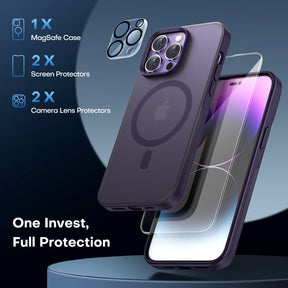 GOX [5 in 1] Magnetic Case for iPhone 14 Pro Max [Military Grade Drop Protection] with 2X Screen Protector +2X Camera Lens Protector, Translucent Matte Slim Fit Compatible with Magsafe Case-Purple