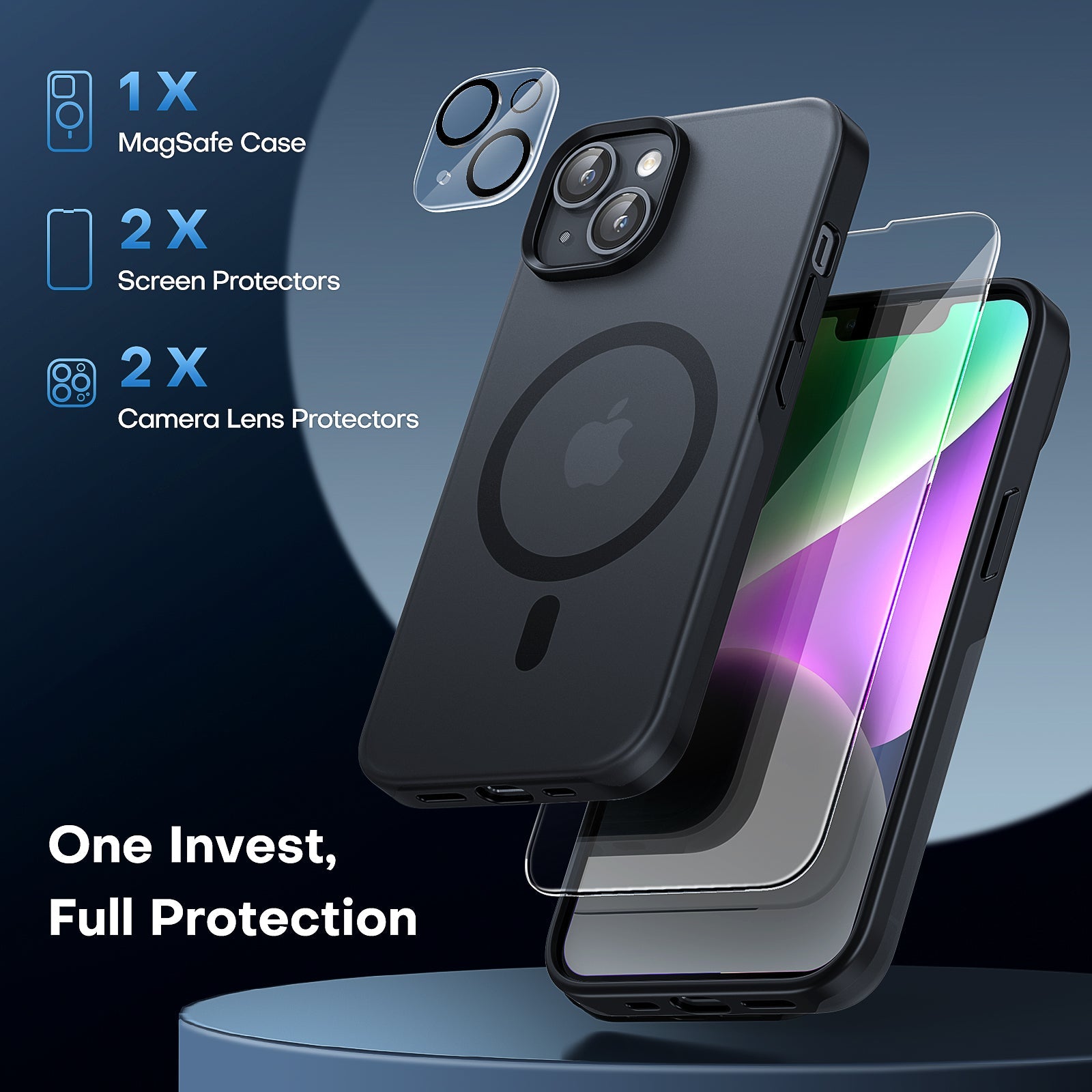 GOX [5 in 1] Magnetic Case for iPhone 14 Plus [Military Grade Drop Protection] with 2X Screen Protector +2X Camera Lens Protector, Translucent Matte Slim Fit Compatible with Magsafe Case-Black
