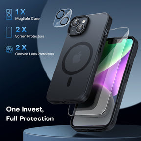 GOX [5 in 1] Magnetic Case for iPhone 14 Plus [Military Grade Drop Protection] with 2X Screen Protector +2X Camera Lens Protector, Translucent Matte Slim Fit Compatible with Magsafe Case-Black