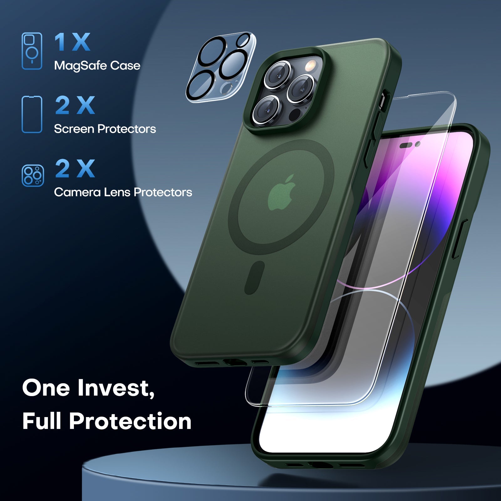 GOX [5 in 1] Magnetic Case for iPhone 14 Pro Max [Military Grade Drop Protection] with 2X Screen Protector +2X Camera Lens Protector, Translucent Matte Slim Fit Compatible with Magsafe Case-Green