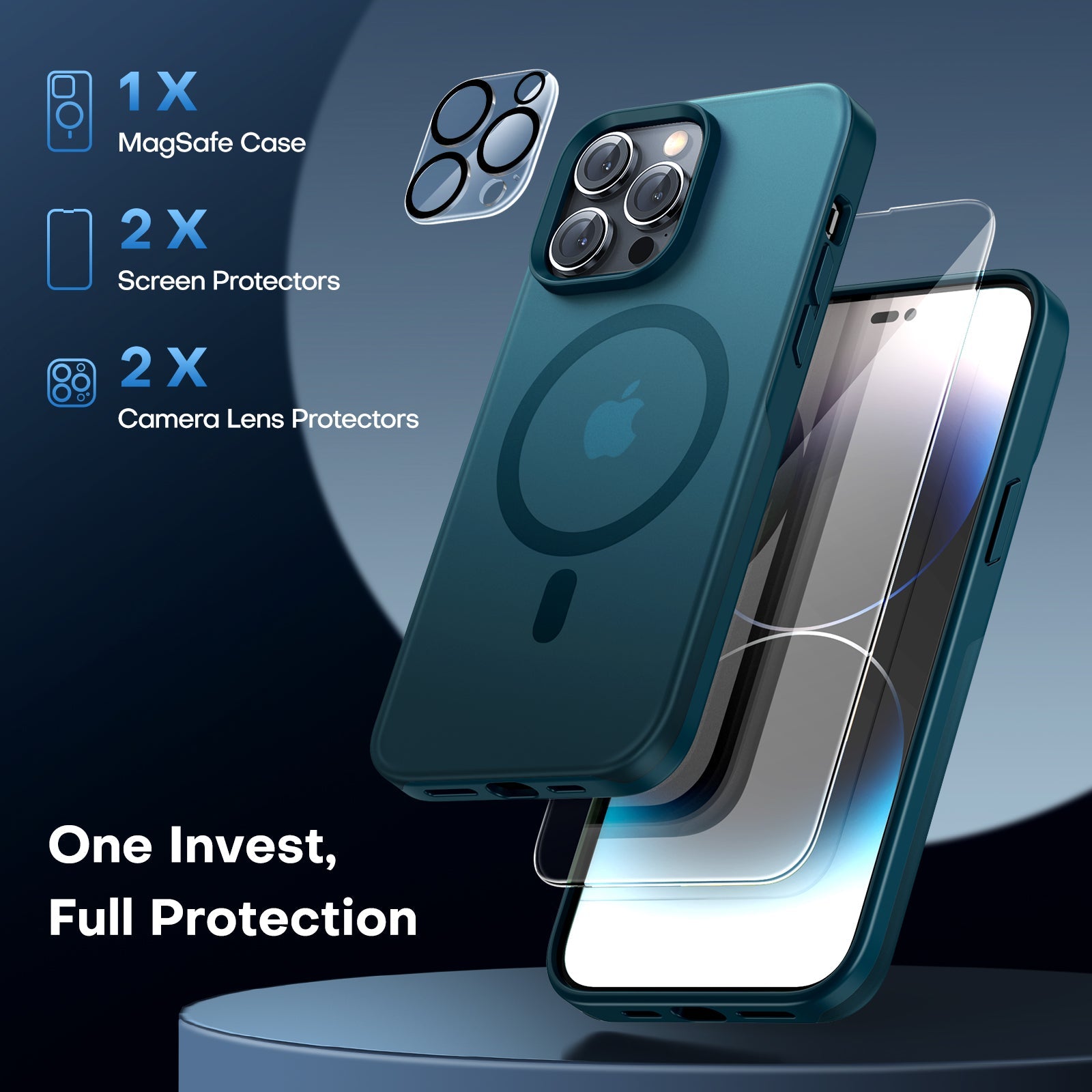 GOX [5 in 1] Magnetic Case for iPhone 14 Pro [Military Grade Drop Protection] with 2X Screen Protector +2X Camera Lens Protector, Translucent Matte Slim Fit Compatible with Magsafe Case-Clear