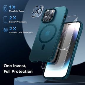 GOX [5 in 1] Magnetic Case for iPhone 14 Pro [Military Grade Drop Protection] with 2X Screen Protector +2X Camera Lens Protector, Translucent Matte Slim Fit Compatible with Magsafe Case-Clear