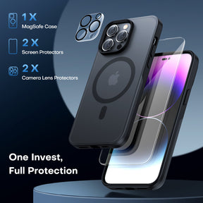 GOX [5 in 1] Magnetic Case for iPhone 14 Pro Max [Military Grade Drop Protection] with 2X Screen Protector +2X Camera Lens Protector, Translucent Matte Slim Fit Compatible with Magsafe Case-Black