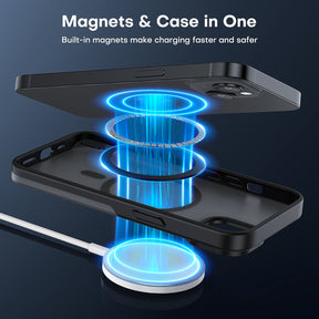 GOX [5 in 1] Magnetic for iPhone 14 Case [Compatible with MagSafe] with 2 Screen Protector +2 Camera Lens Protector, [Military Grade Drop Protection] Translucent Matte Slim Case 6.1 Inch, Black