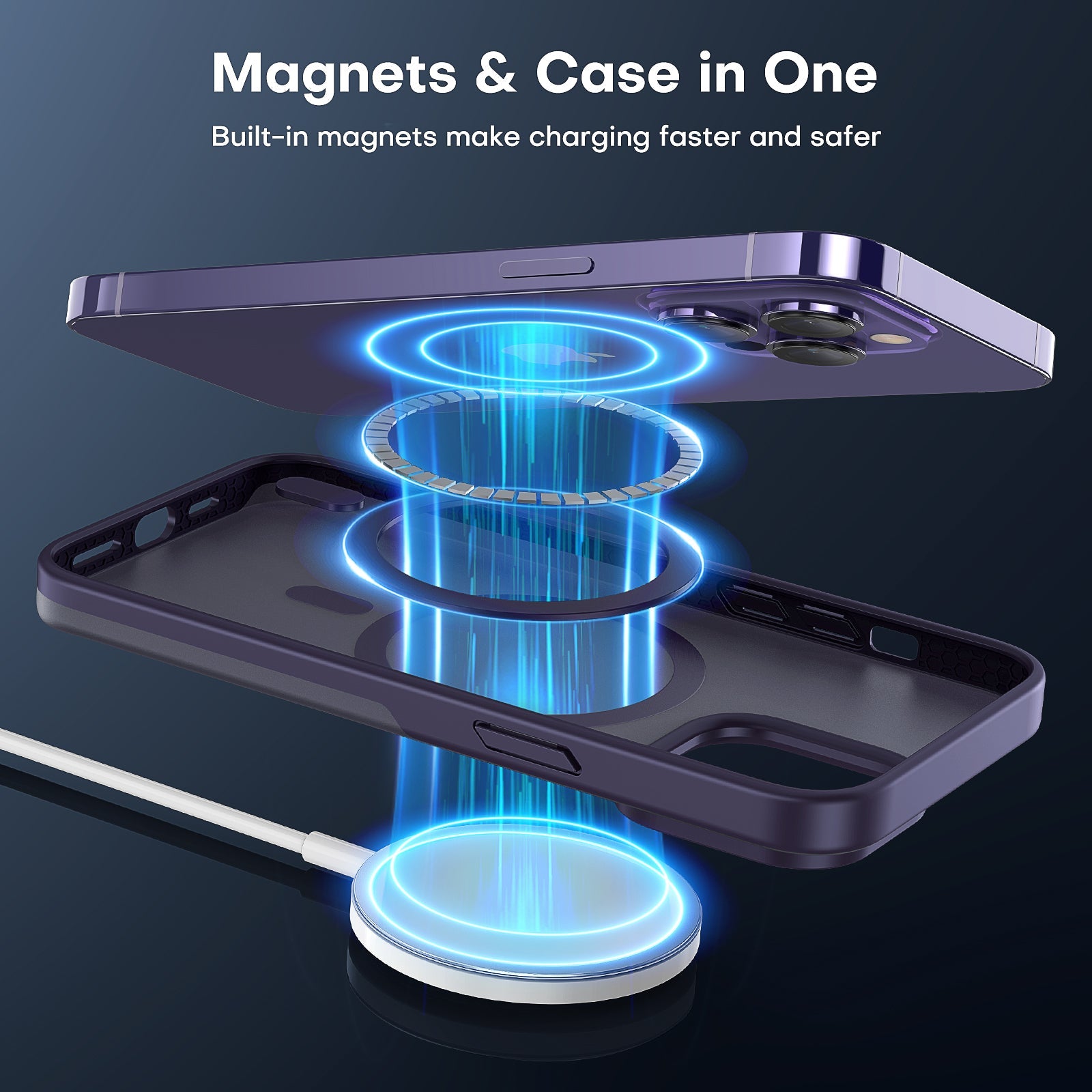 GOX [5 in 1] Magnetic Case for iPhone 14 Pro Max [Military Grade Drop Protection] with 2X Screen Protector +2X Camera Lens Protector, Translucent Matte Slim Fit Compatible with Magsafe Case-Purple