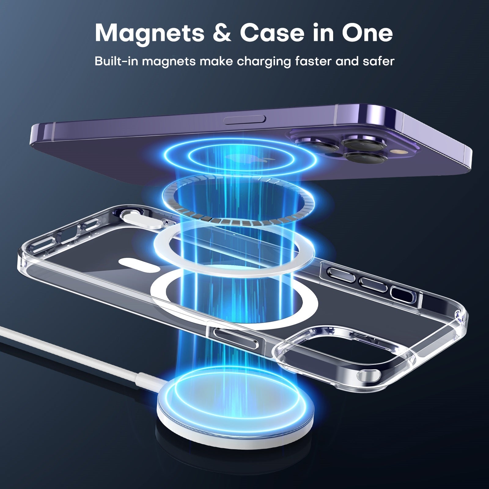 GOX [5 in 1] Magnetic Case for iPhone 14 Pro [Military Grade Drop Protection] with 2X Screen Protector +2X Camera Lens Protector, Translucent Matte Slim Fit Compatible with Magsafe Case-Clear