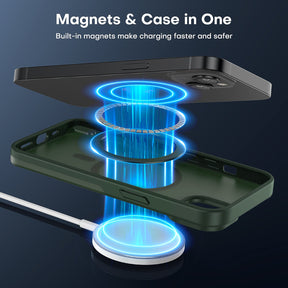 GOX  [5 in 1] Magnetic for iPhone 14 Case [Compatible with MagSafe] with 2 Screen Protector +2 Camera Lens Protector, [Military Grade Drop Protection] Translucent Matte Slim Case 6.1 Inch, Green