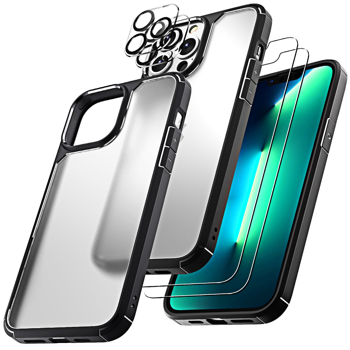 GOX [3 in 1] Defender Designed for iPhone 13 Pro Case 6.1 Inch, with 2 Pack Tempered Glass Screen Protector + 2 Pack Camera Lens Protector [Military Grade Protection] Shockproof Slim Thin