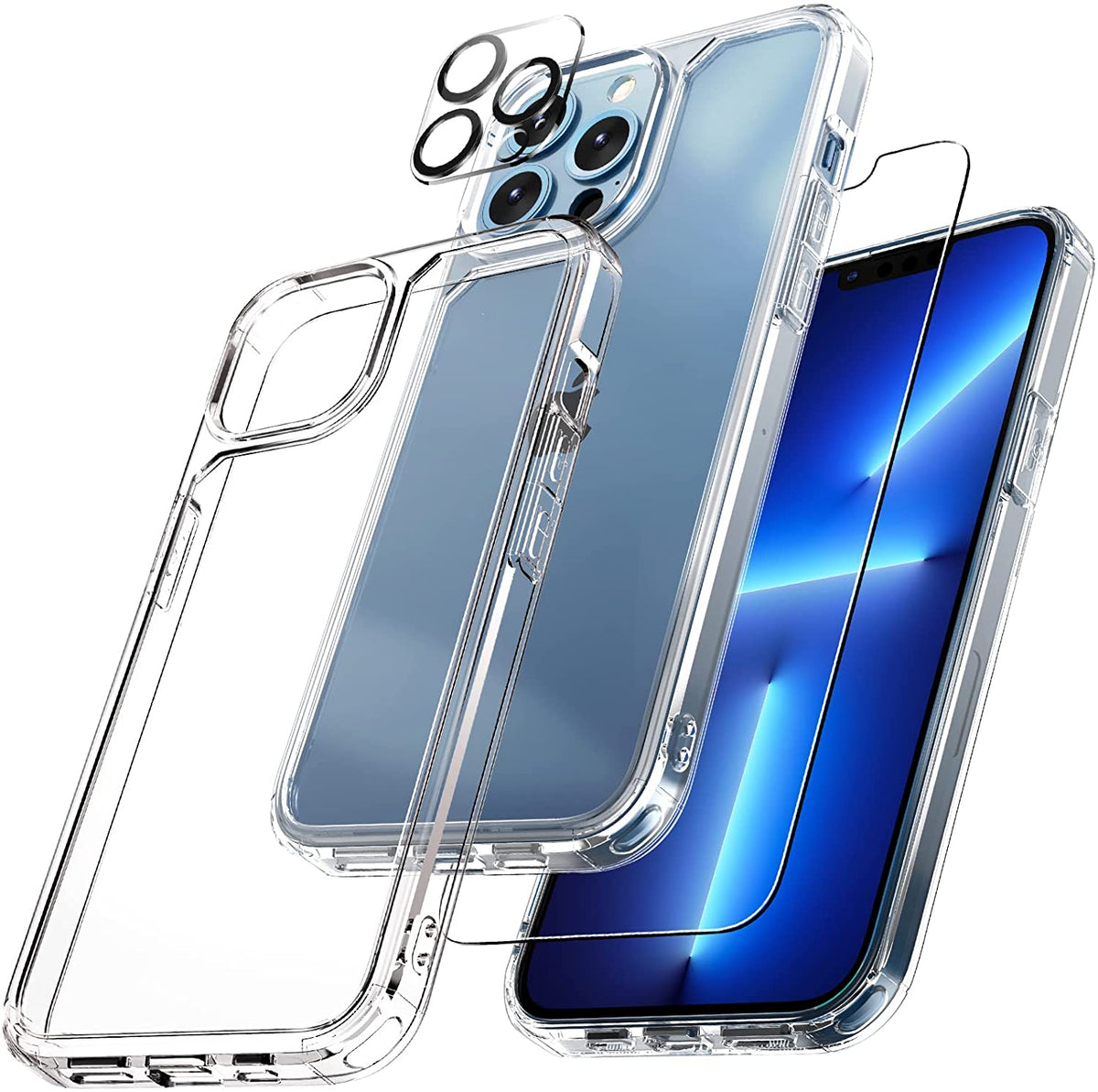 GOX [3 in 1] Defender Designed for iPhone 13 Pro Case 6.1 Inch, with 2 Pack Tempered Glass Screen Protector + 2 Pack Camera Lens Protector [Military Grade Protection] Shockproof Slim Thin